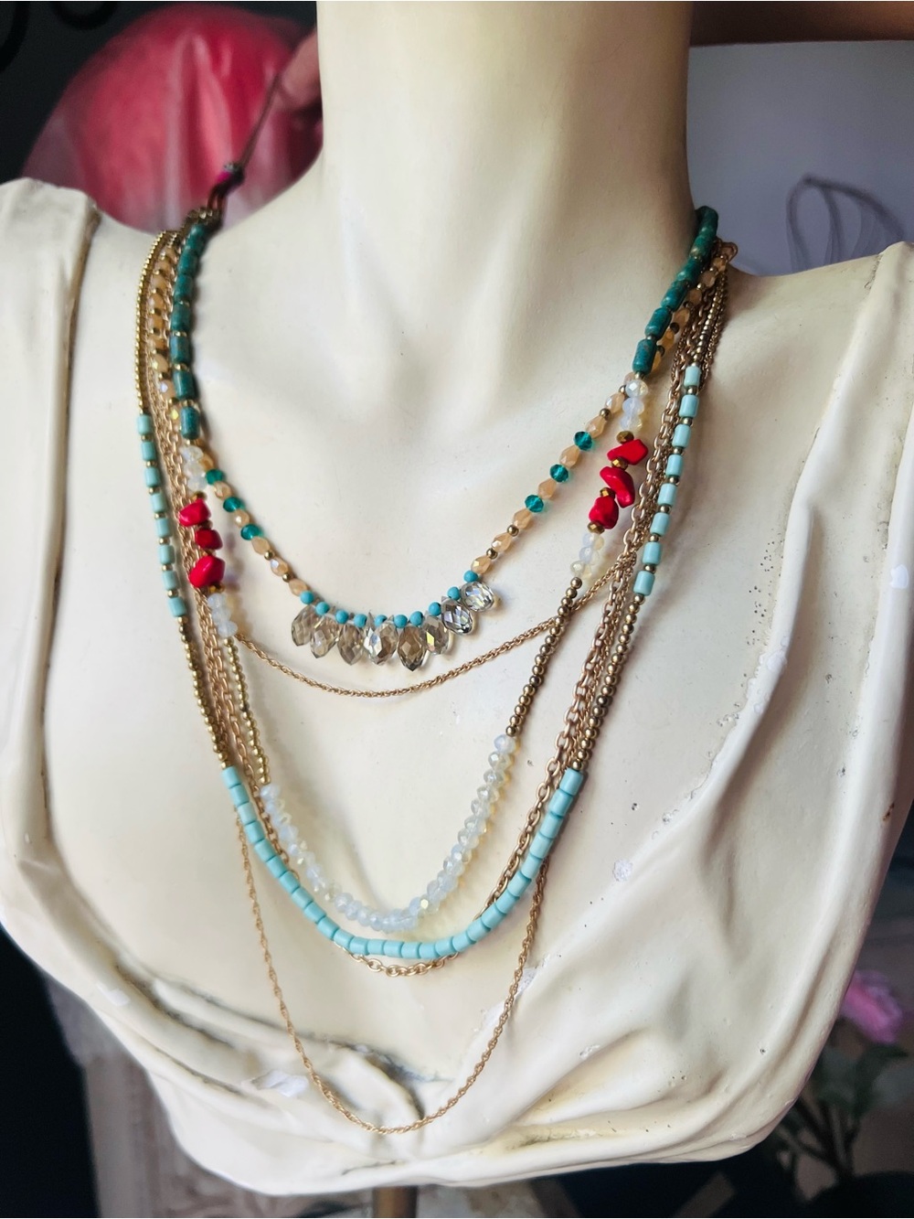 Layered Turquoise & Gold Beaded Multi-Strand Necklace read below
